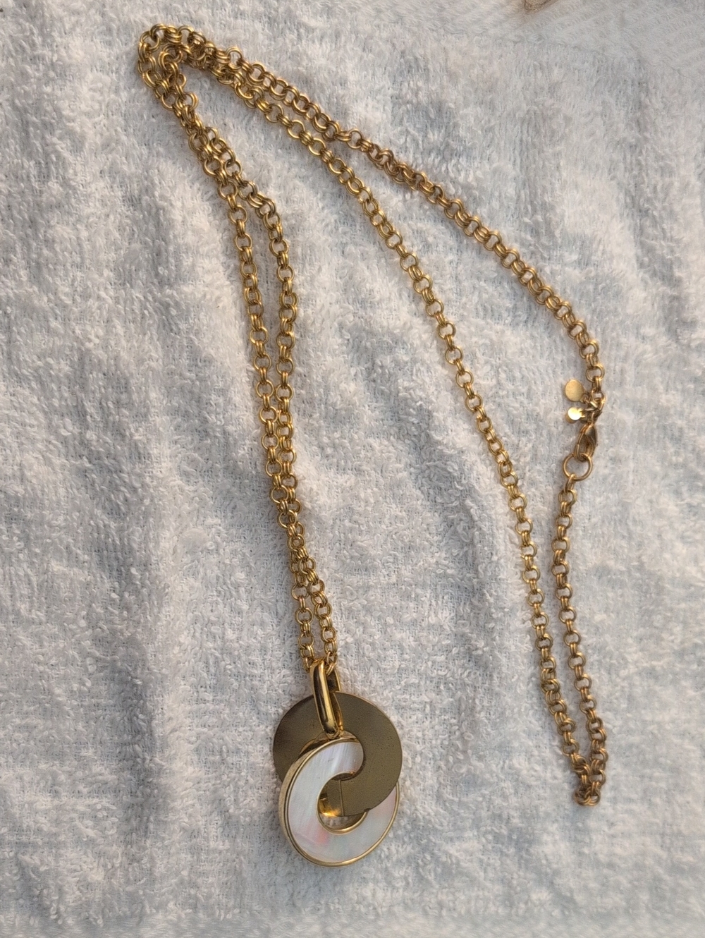Ann Taylor Gold Tone Double Circle Pendant Necklace with Mother-of-Pearl Inlay